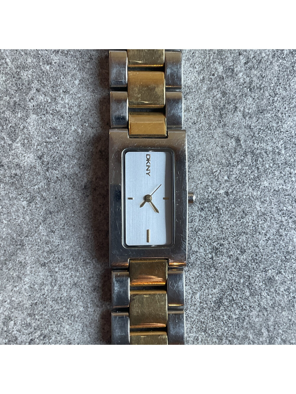DKNY Womens Tank Style Watch Two Tone 20mm Stainless Steel Case & Band Bin S